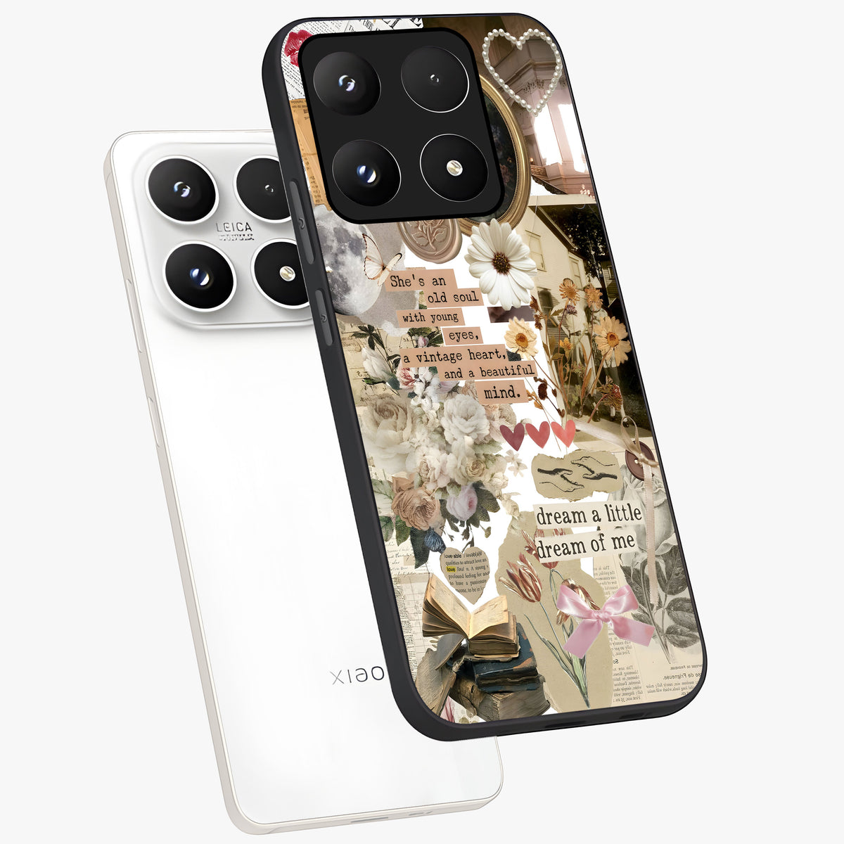 Aesthetic Brown Vintage Collage Glass Case displayed in angled mockup highlighting vintage aesthetic collage design.