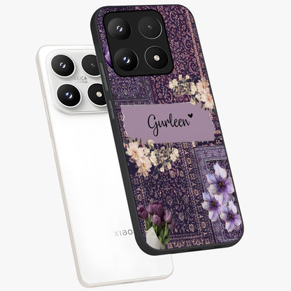 Antique Floral Whisper Custom Name Glass Case displayed in angled mockup highlighting elegant antique floral aesthetic.
