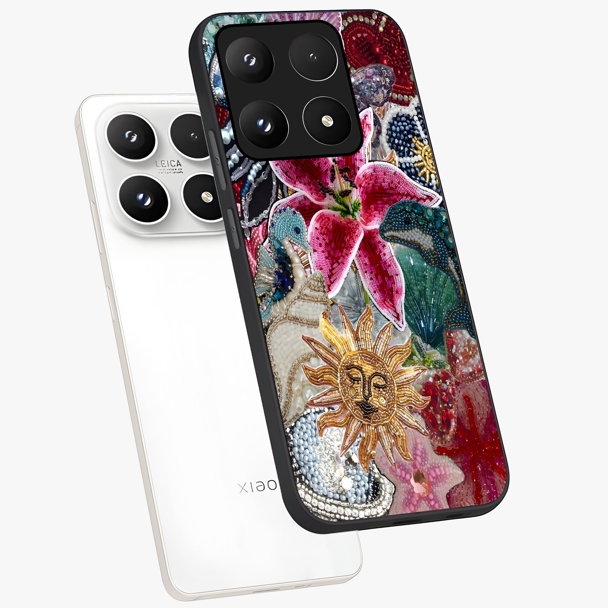 Beaded Garden Fantasy Glass Case displayed in angled mockup highlighting fantasy inspired floral bead pattern.
