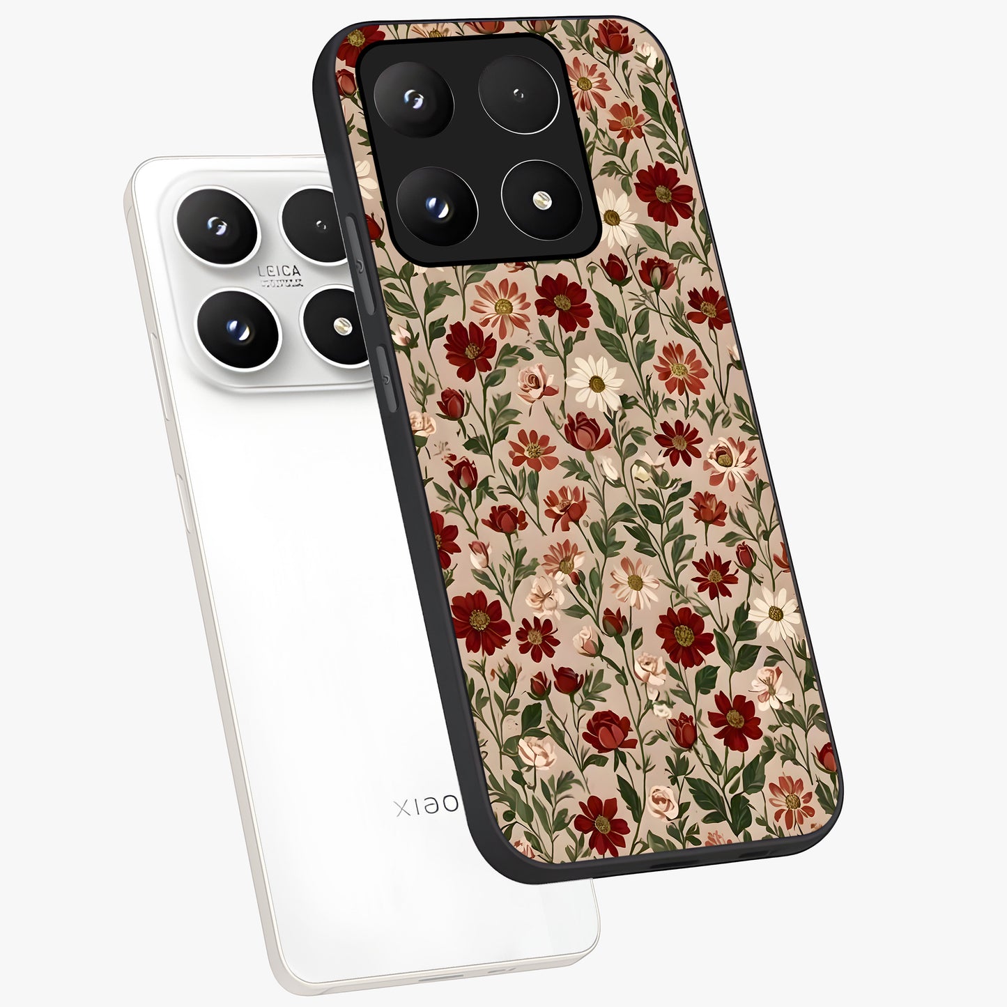 Biege Flower With Leaf Glass Case displayed in angled mockup highlighting minimal floral leaf design and elegant aesthetic.