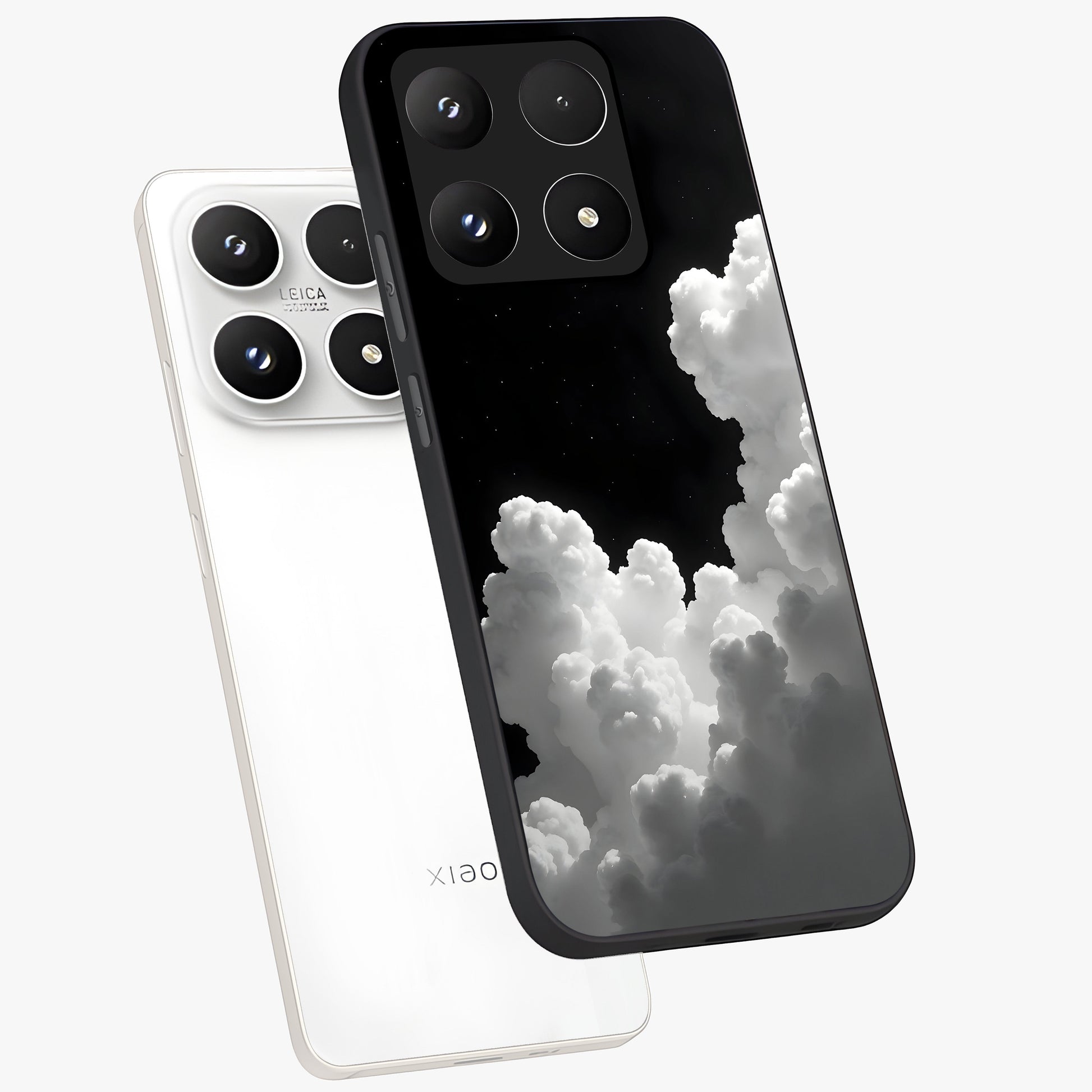 Black Background With White Cloud Glass Case displayed in angled mockup highlighting soft white cloud illustration and minimal design.