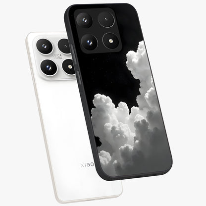 Black Background With White Cloud Glass Case displayed in angled mockup highlighting soft white cloud illustration and minimal design.