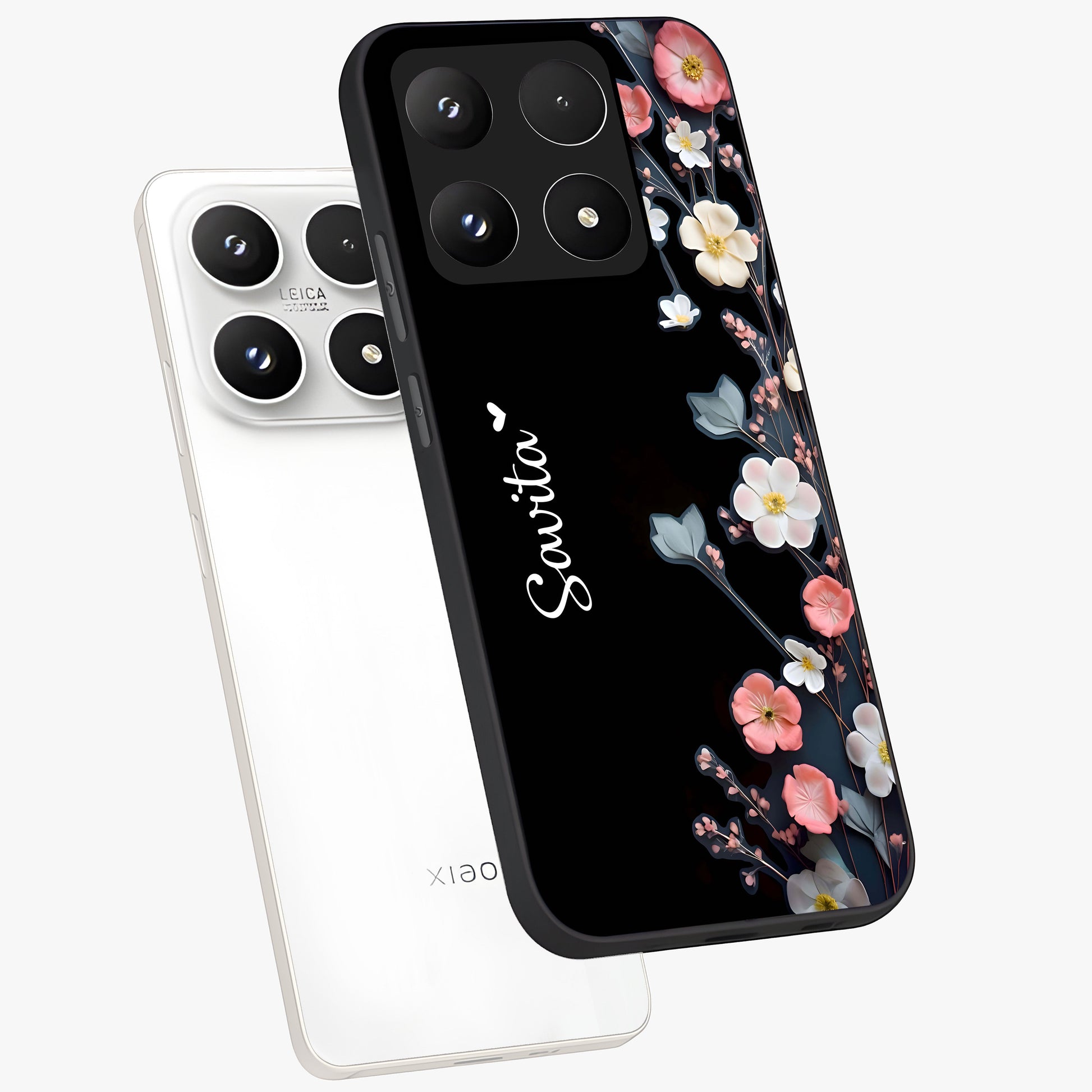 Black Elegance Floral Custom Name Glass Case displayed in angled mockup highlighting dark floral aesthetic and custom name feature.