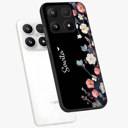 Black Elegance Floral Custom Name Glass Case displayed in angled mockup highlighting dark floral aesthetic and custom name feature.
