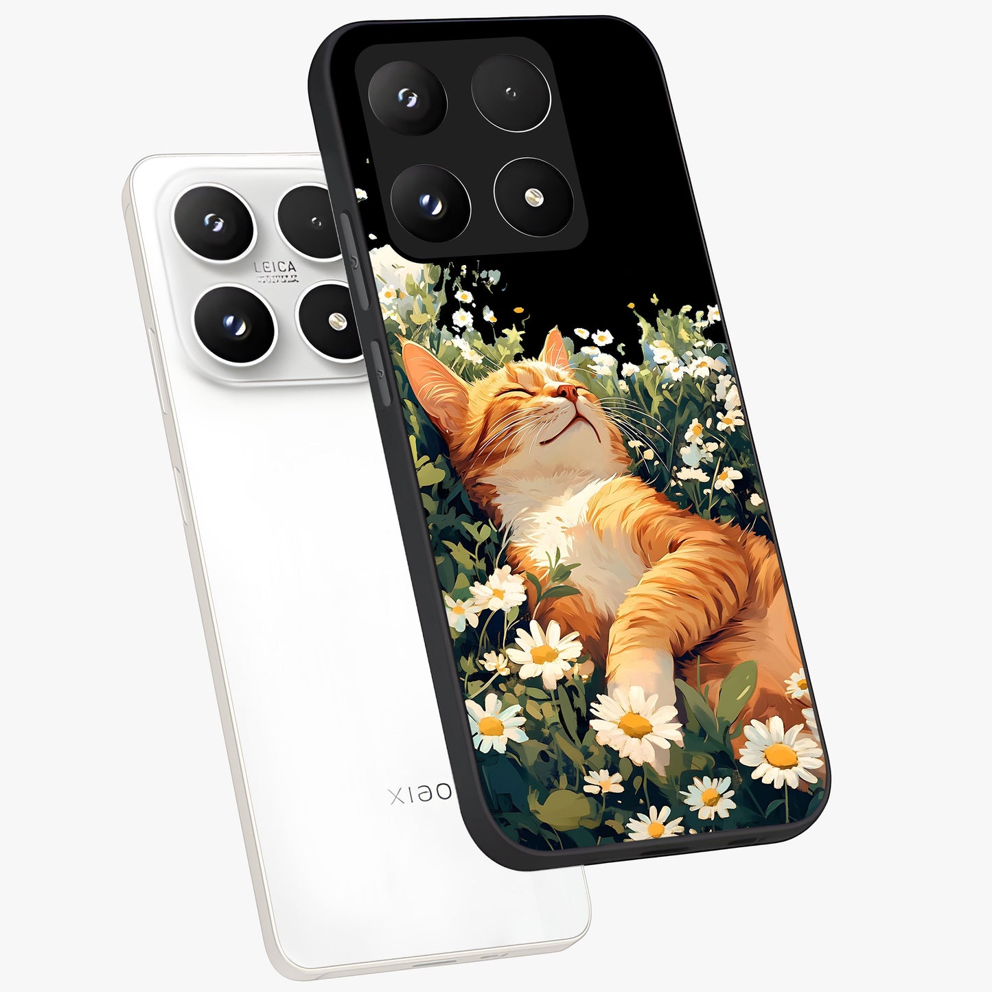 Blissful Bloom Cat Glass Case displayed in angled mockup highlighting playful feline illustration with soft floral aesthetic.