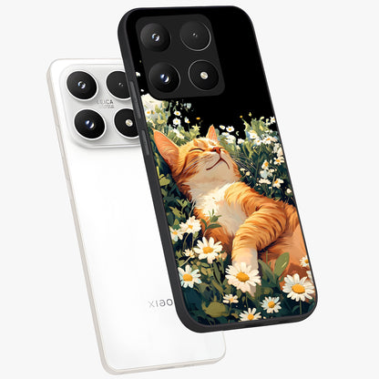 Blissful Bloom Cat Glass Case displayed in angled mockup highlighting playful feline illustration with soft floral aesthetic.