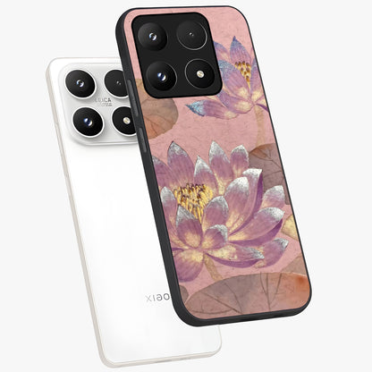 Blossom Mist Lotus Glass Case displayed in angled mockup highlighting delicate lotus illustration with calm aesthetic theme.