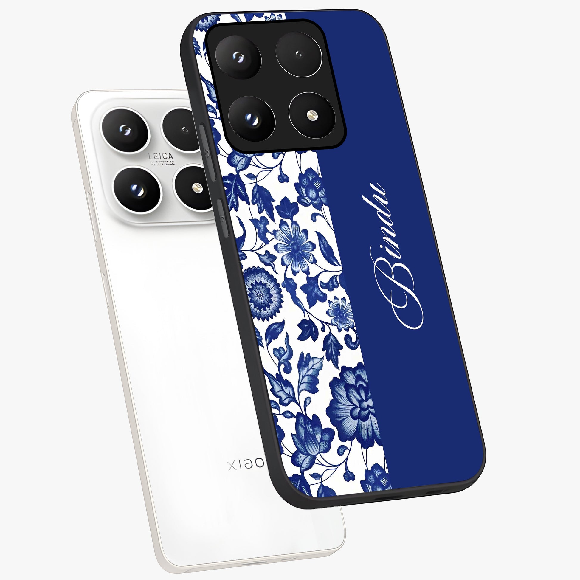 Blue Vintage Floral Pattern Glass Case displayed in angled mockup highlighting subtle bloom pattern with aesthetic pastel design.