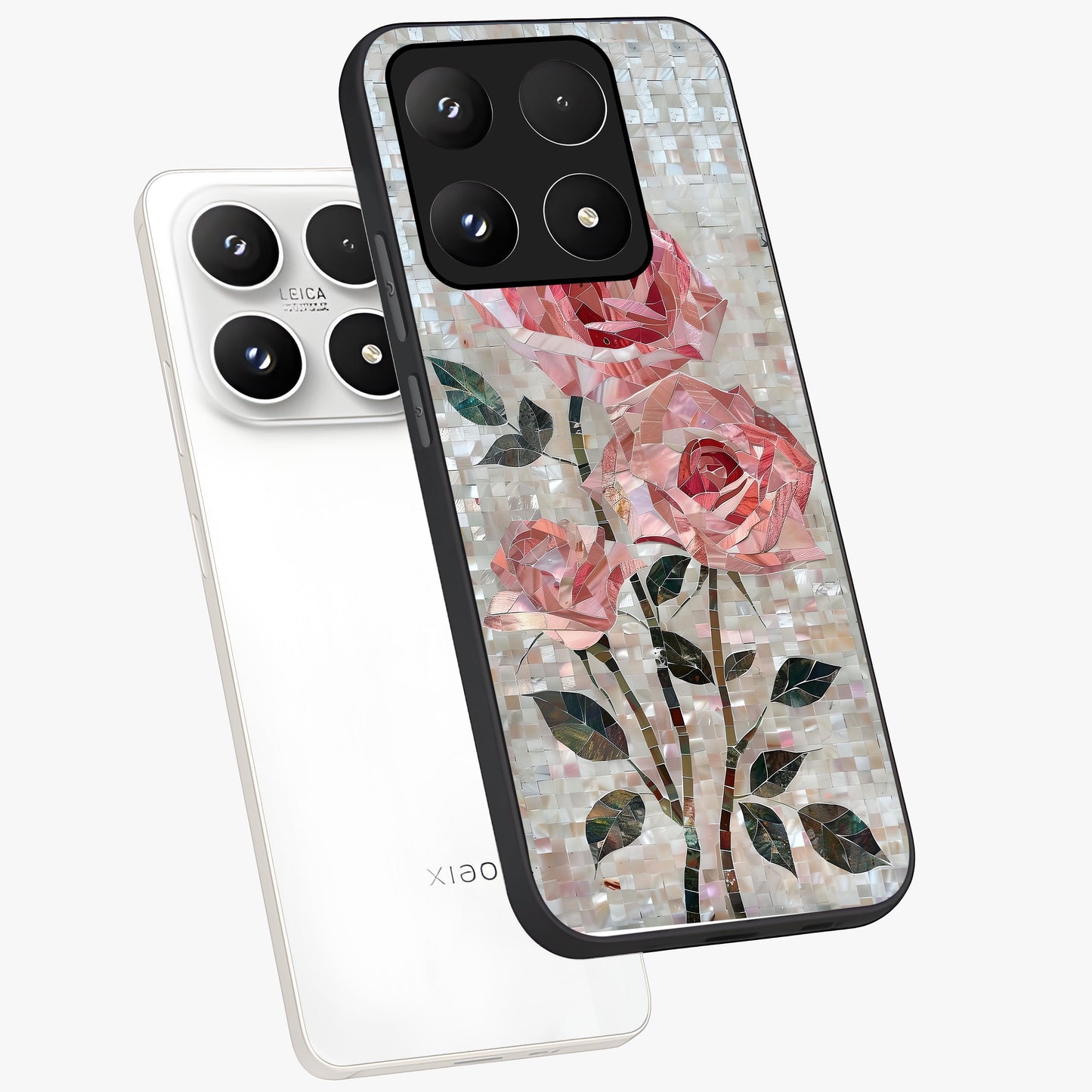Blush Mosaic Bloom Glass Case displayed in angled mockup highlighting artistic mosaic flower pattern with aesthetic design.