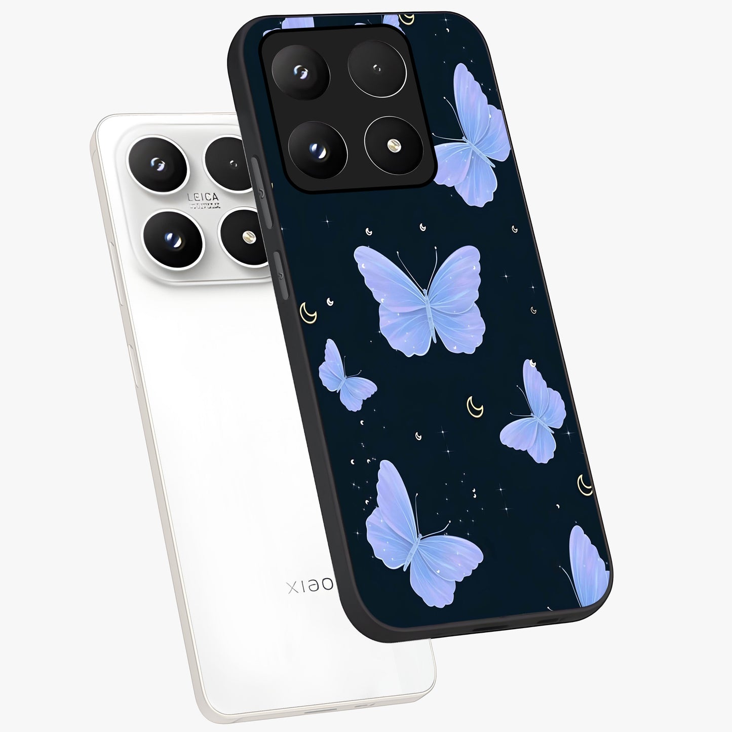Butterfly With Stars Pattern Glass Case displayed in angled mockup highlighting dreamy butterfly and star design with aesthetic theme.