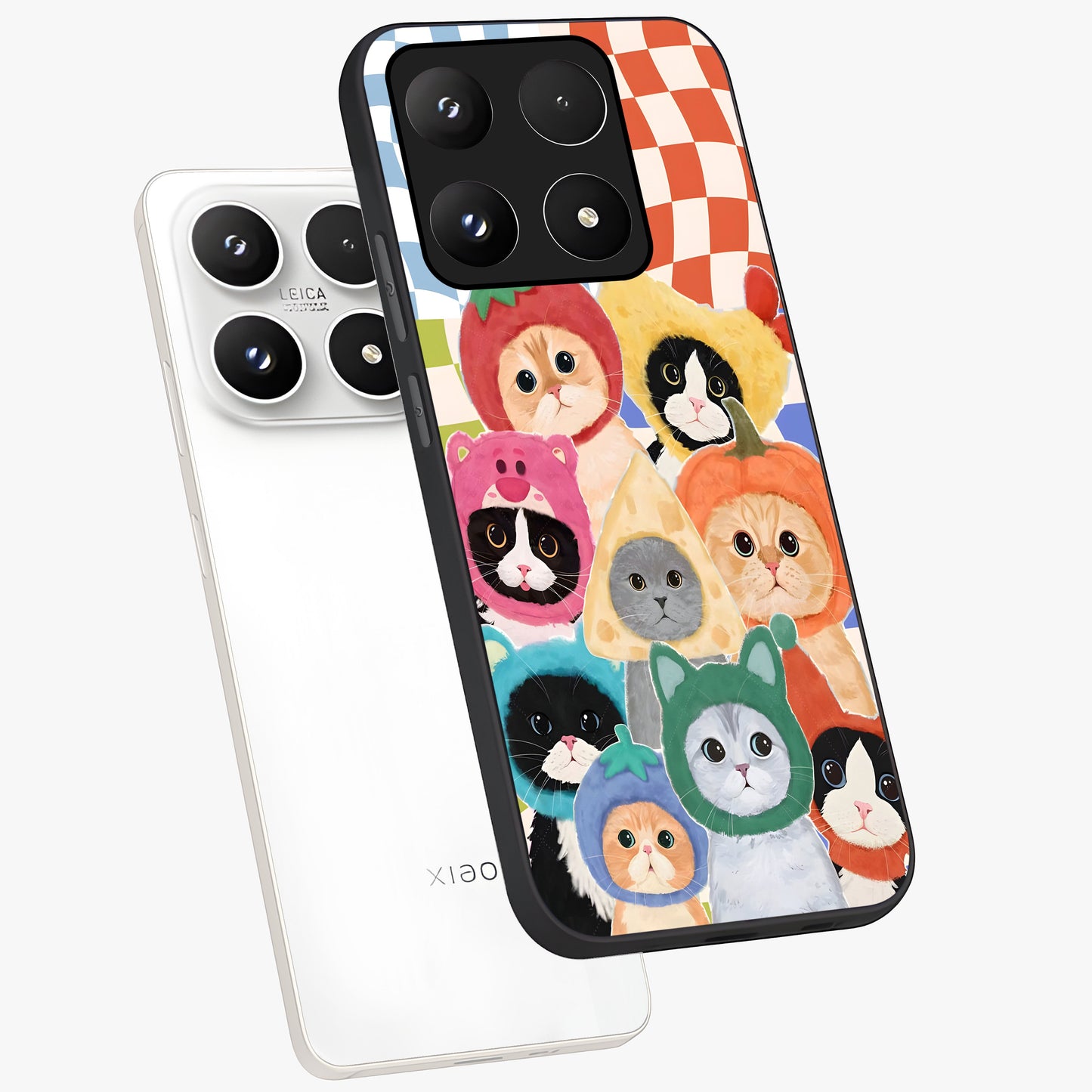 Cats in Fruits Glass Case displayed in angled mockup highlighting cute feline fruit design with colorful aesthetic style.
