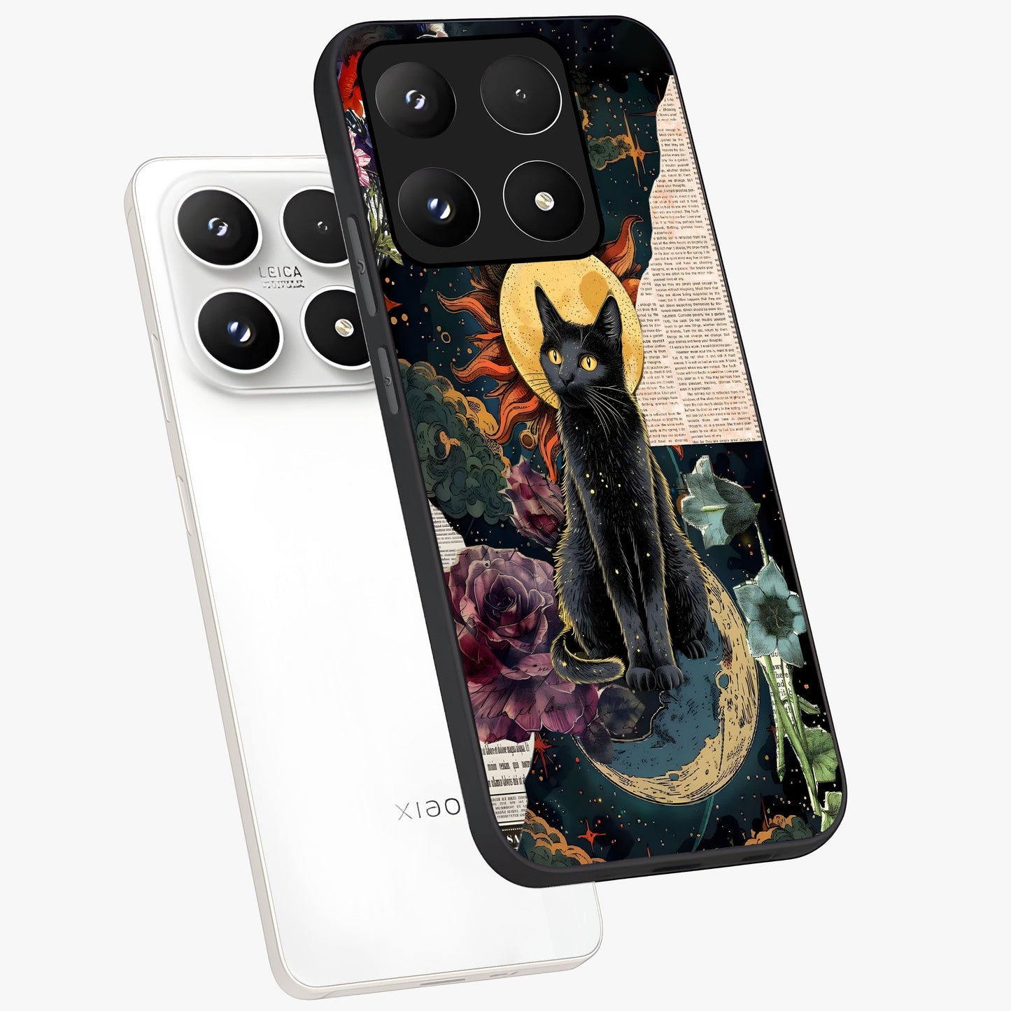Celestial Black Cat Glass Case displayed in angled mockup highlighting cosmic black cat design with celestial aesthetic.
