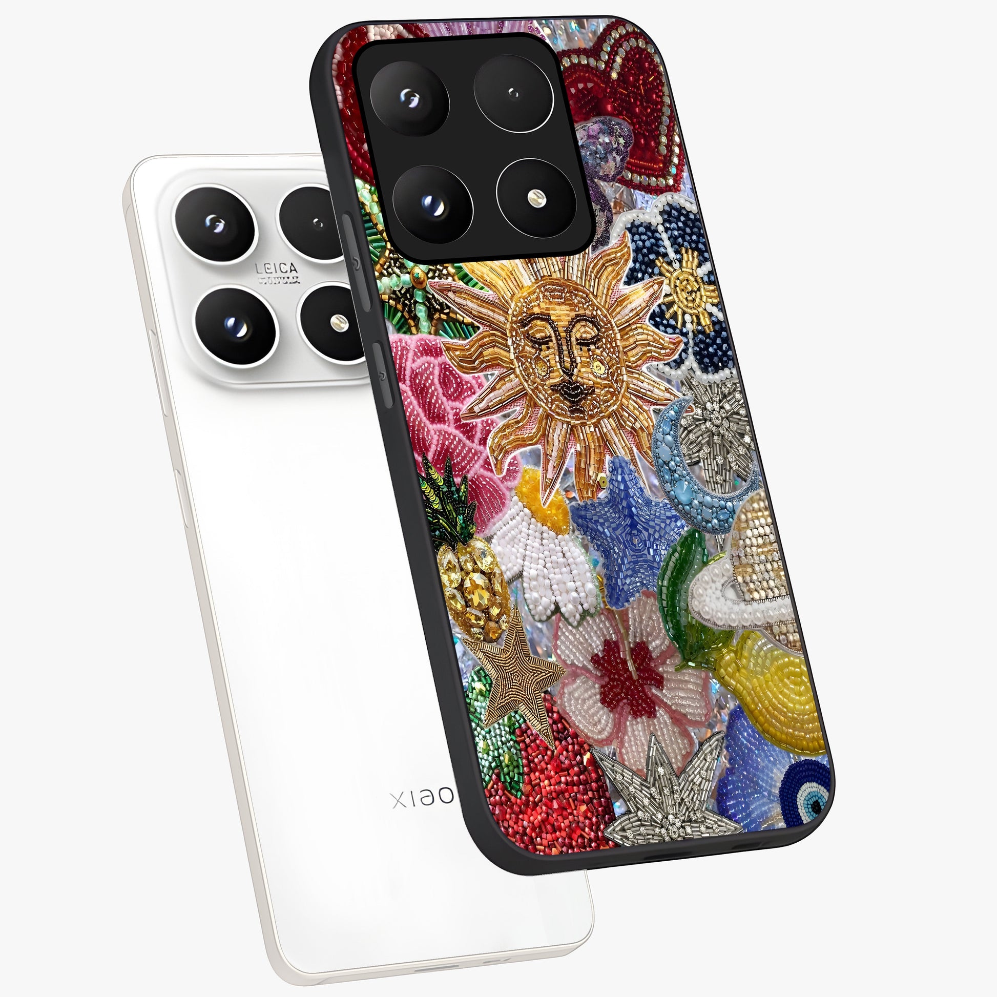 Celestial Floral and Playful Glass Case displayed in angled mockup highlighting playful floral design with dreamy celestial elements.