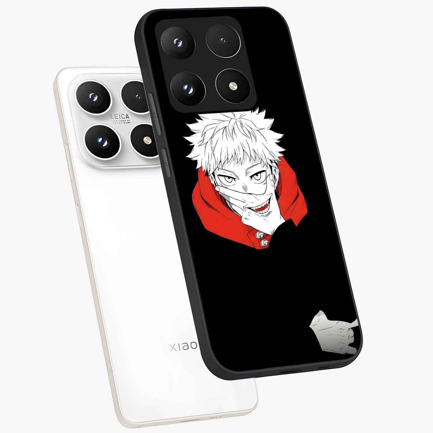 Crimson Chaos Smile Glass Case displayed in angled mockup highlighting edgy crimson smile design with graphic aesthetic.