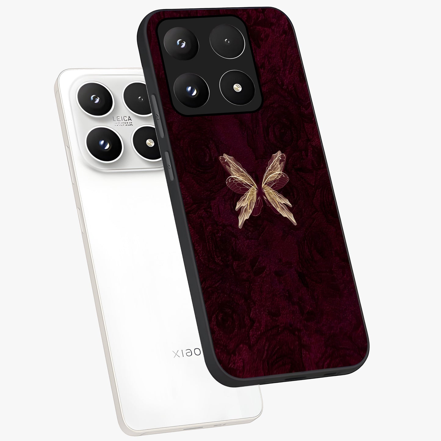 Crimson Fade Butterfly Glass Case displayed in angled mockup highlighting elegant butterfly design with crimson gradient aesthetic.