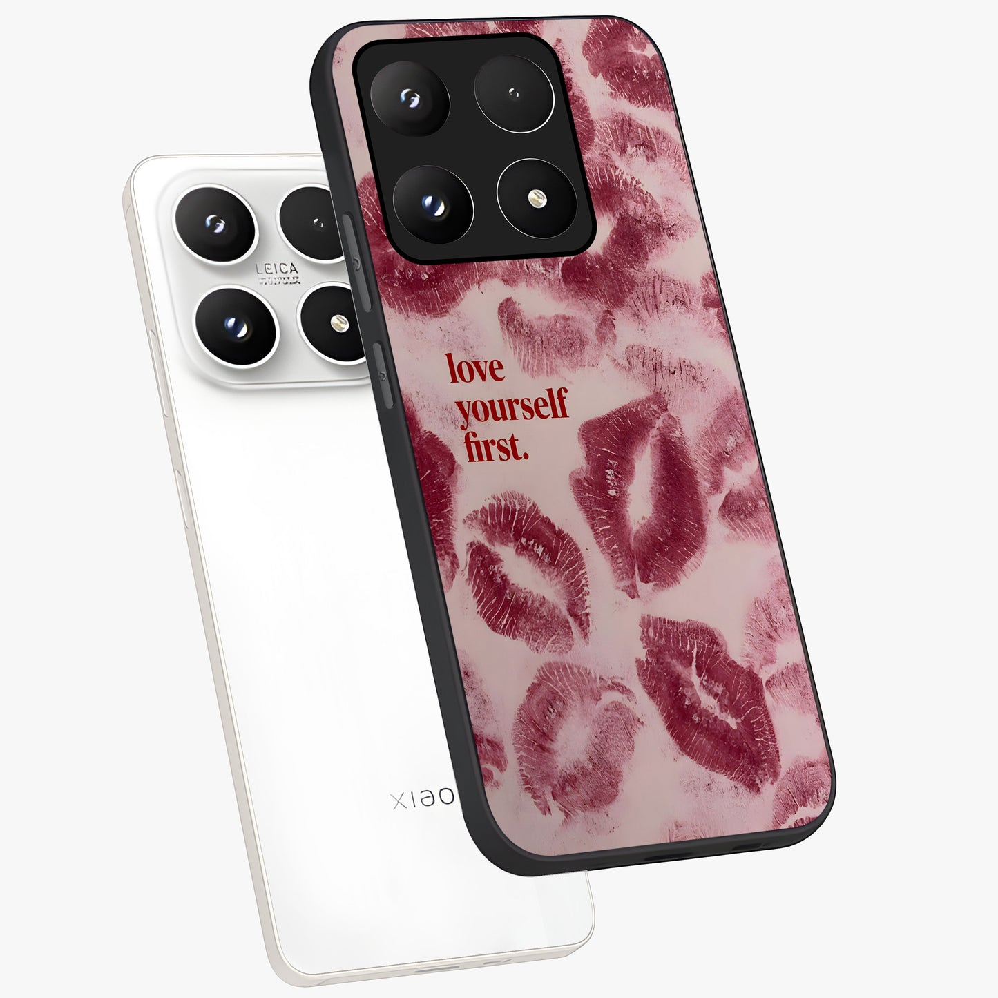 Crimson Kiss Love Glass Case displayed in angled mockup highlighting bold love inspired design with modern aesthetic style.
