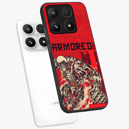 Crimson Mecha Titan Glass Case displayed in angled mockup highlighting futuristic mech illustration with bold crimson aesthetic.