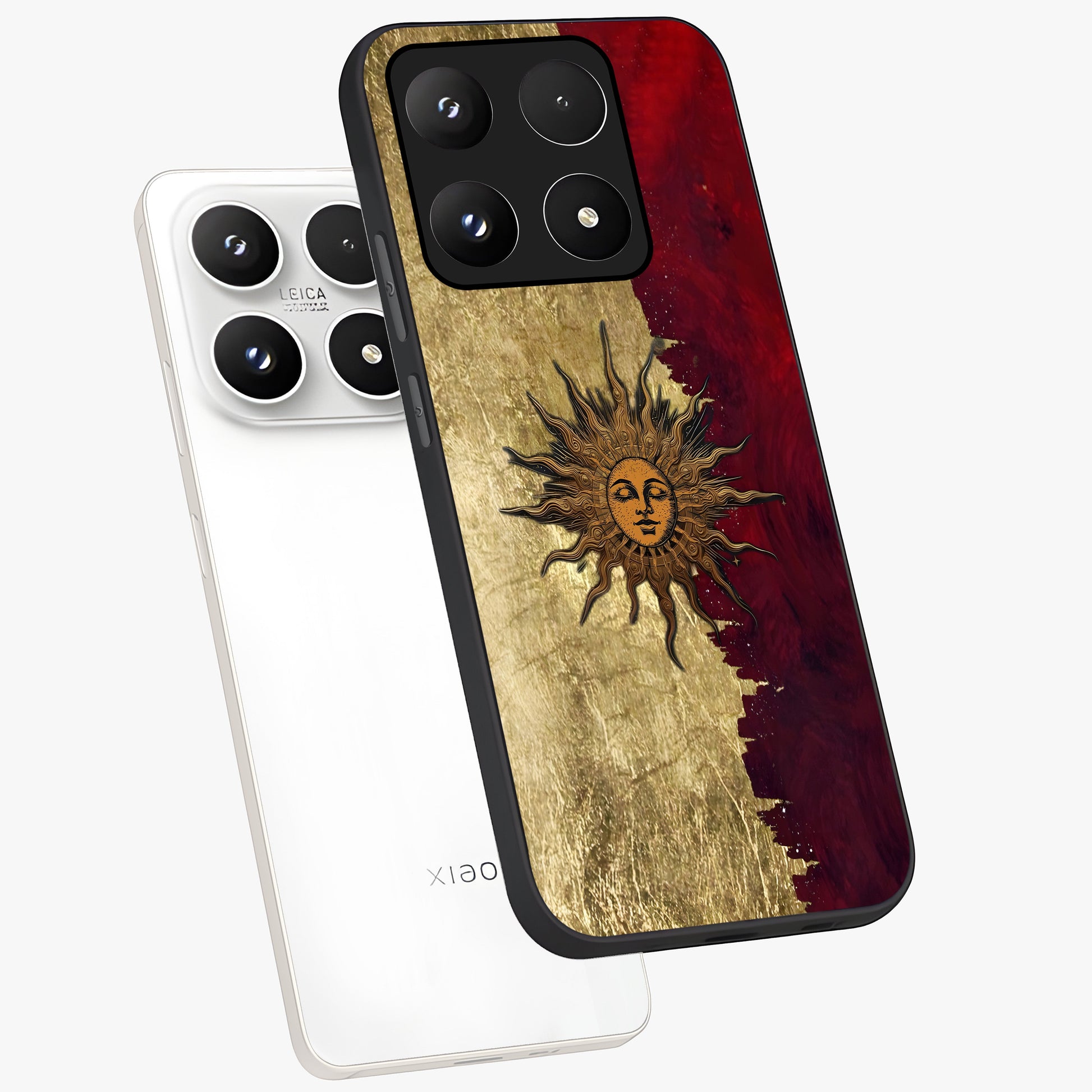 Crimson Sun Majesty Glass Case displayed in angled mockup highlighting majestic crimson sun design with bold aesthetic style.