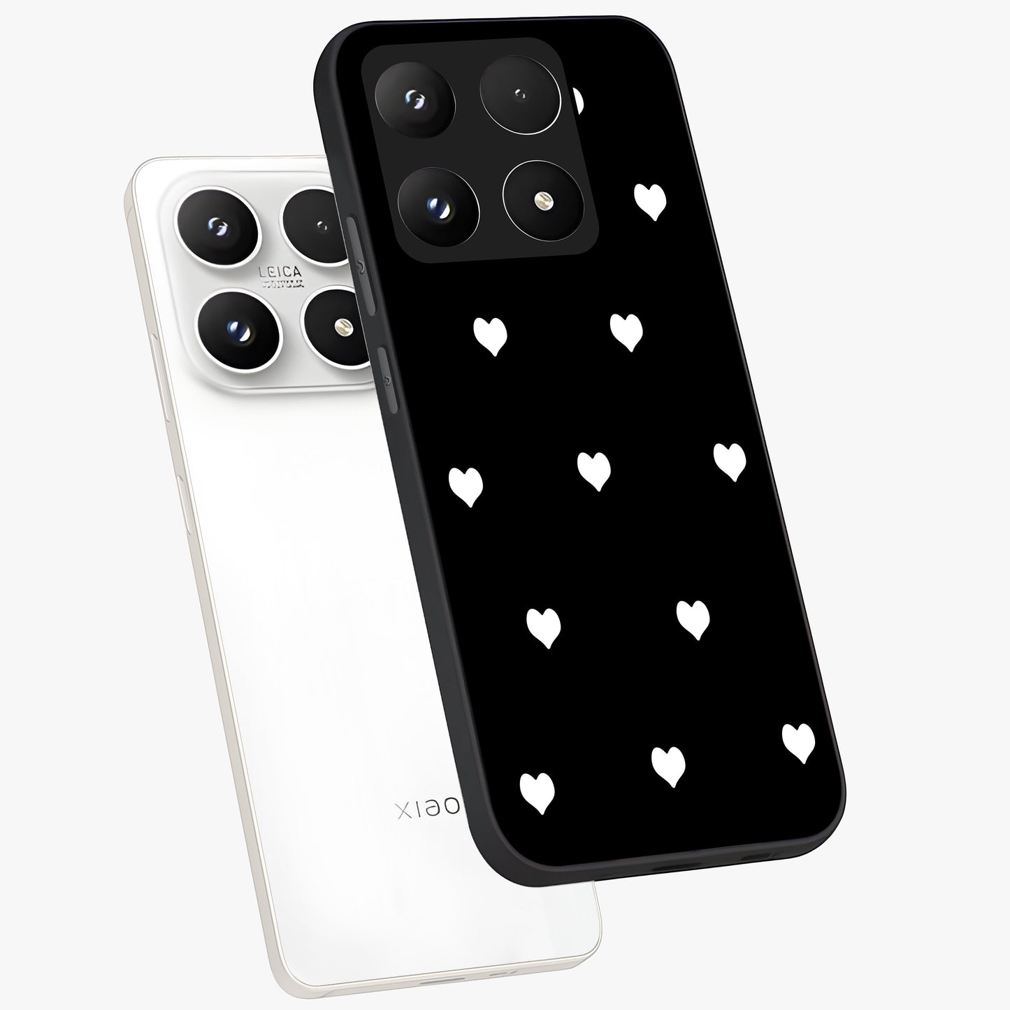 Cute And Simple White Hearts Glass Case displayed in angled mockup highlighting cute heart design with clean aesthetic style.