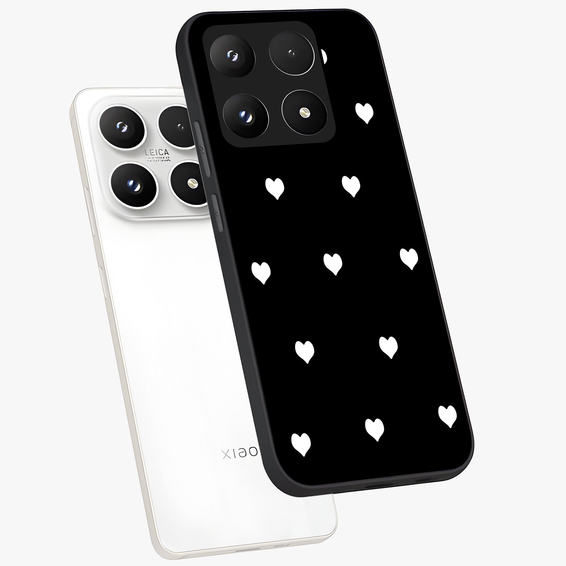 Cute And Simple White Hearts Glass Case displayed in angled mockup highlighting cute heart design with clean aesthetic style.