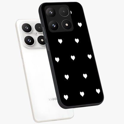 Cute And Simple White Hearts Glass Case displayed in angled mockup highlighting cute heart design with clean aesthetic style.