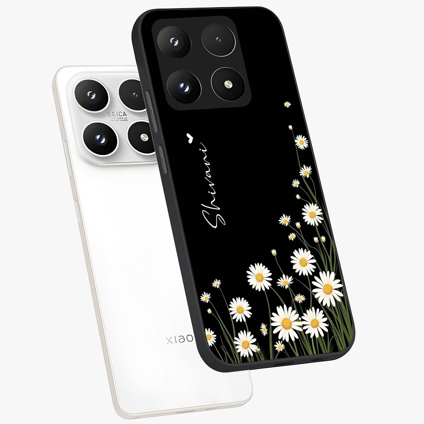 Daisy Cascade Custom Name Glass Case displayed in angled mockup highlighting delicate daisy artwork with custom name feature.