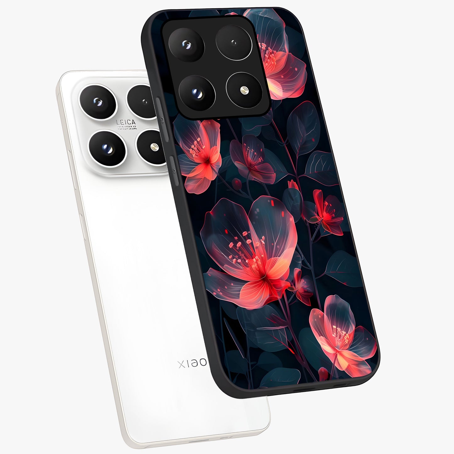 Dark Shade of Flower Glass Case displayed in angled mockup highlighting moody floral illustration with aesthetic dark tones.