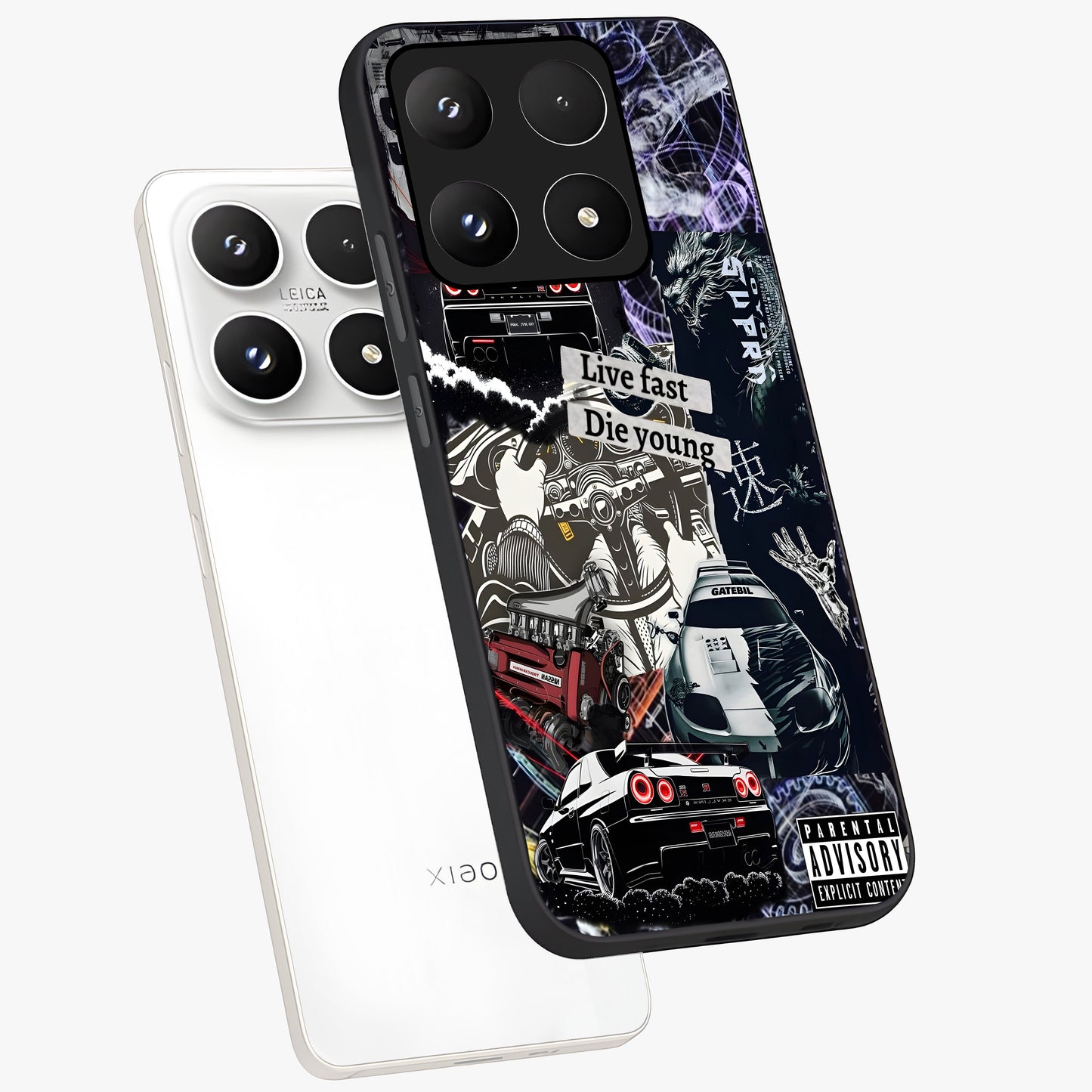Die Young Glass Case displayed in angled mockup highlighting expressive graphic artwork with edgy aesthetic style.