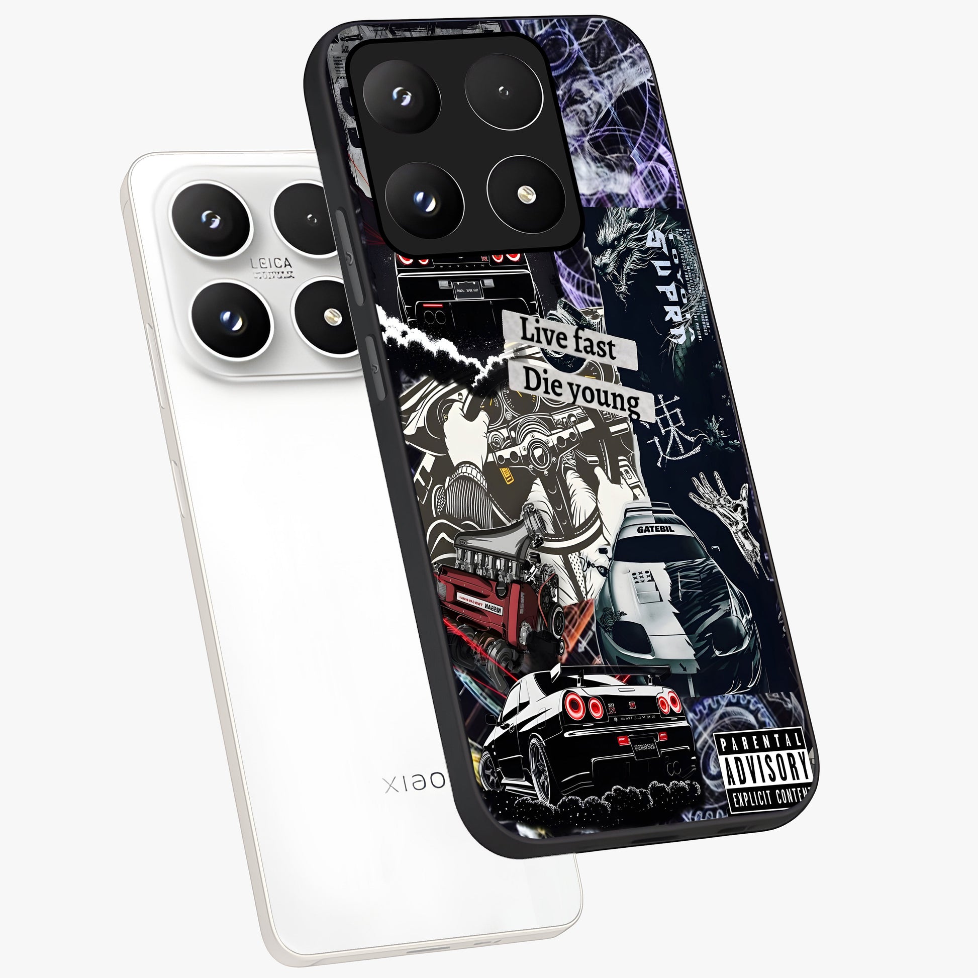 Die Young Glass Case displayed in angled mockup highlighting expressive graphic artwork with edgy aesthetic style.