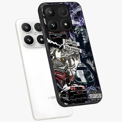 Die Young Glass Case displayed in angled mockup highlighting expressive graphic artwork with edgy aesthetic style.