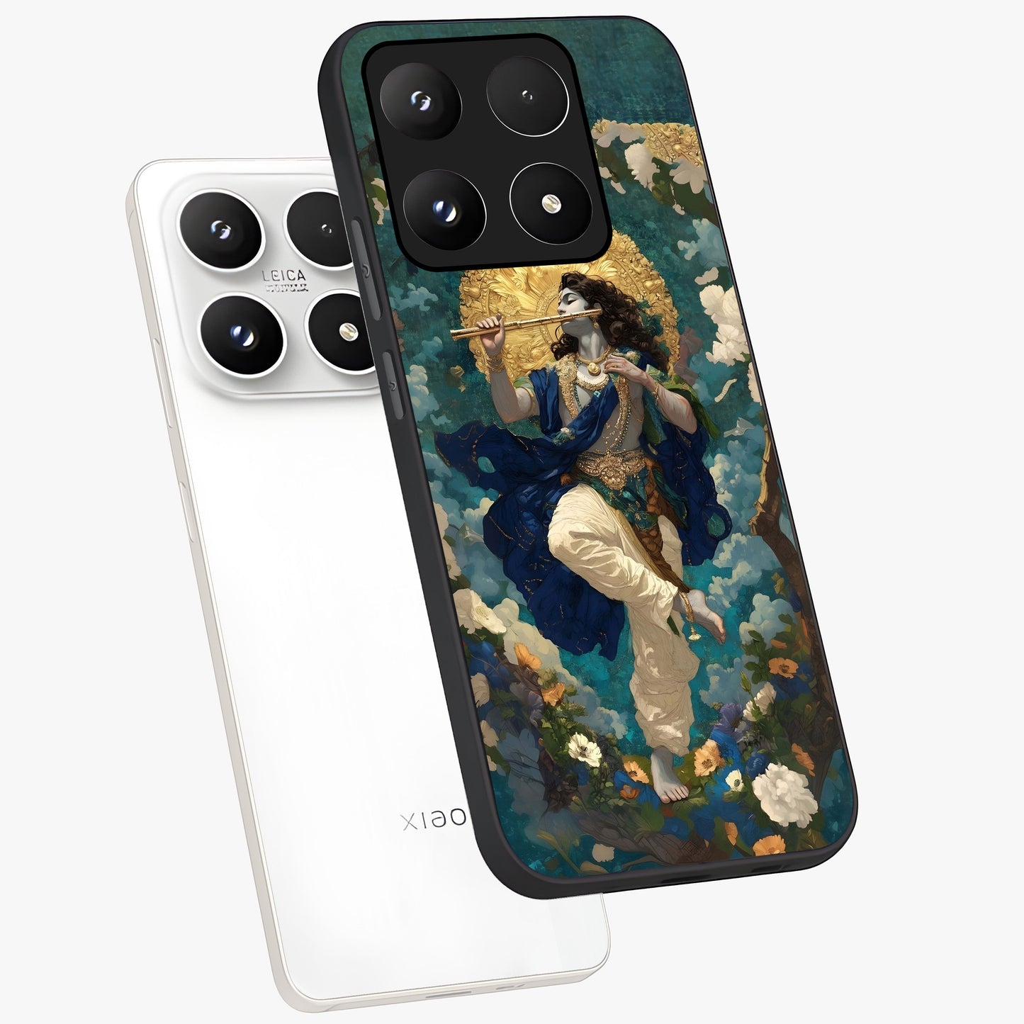 Divine Krishna Art Glass Case displayed in angled mockup highlighting spiritual Krishna illustration with devotional aesthetic.