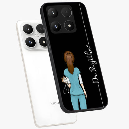 Doctor Pattern Custom Name Glass Case displayed in angled mockup highlighting doctor inspired artwork with custom name feature.