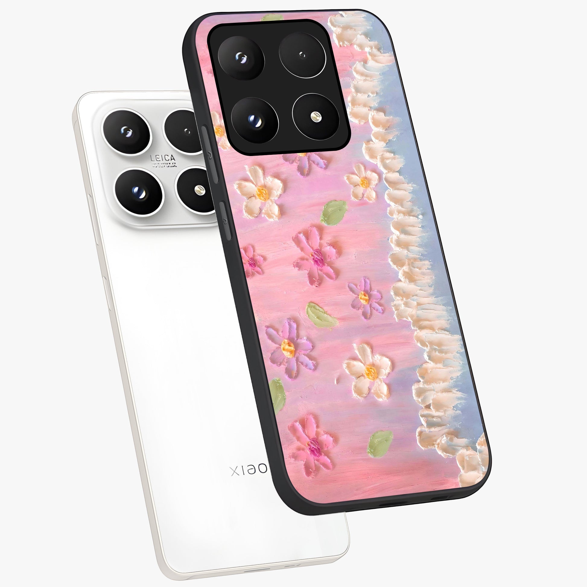 Dreamy Painted Garden Glass Case displayed in angled mockup highlighting colorful garden illustration with dreamy aesthetic style.