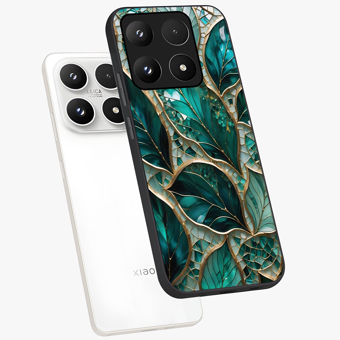 Emerald Leaf Glass Glass Case displayed in angled mockup highlighting botanical leaf illustration with elegant natural aesthetic.