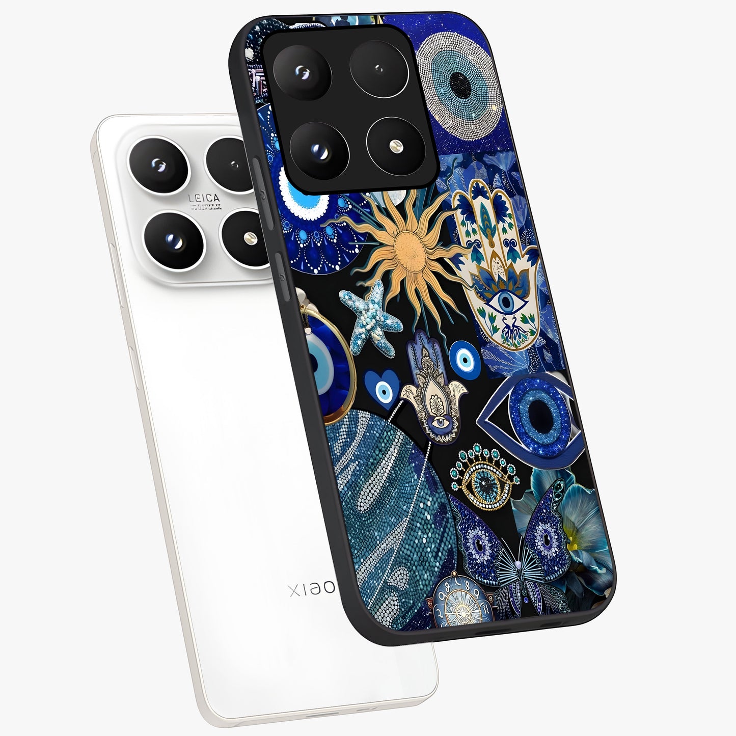 Evil Eye Charm Mix Glass Case displayed in angled mockup highlighting protective evil eye symbols with spiritual aesthetic design.