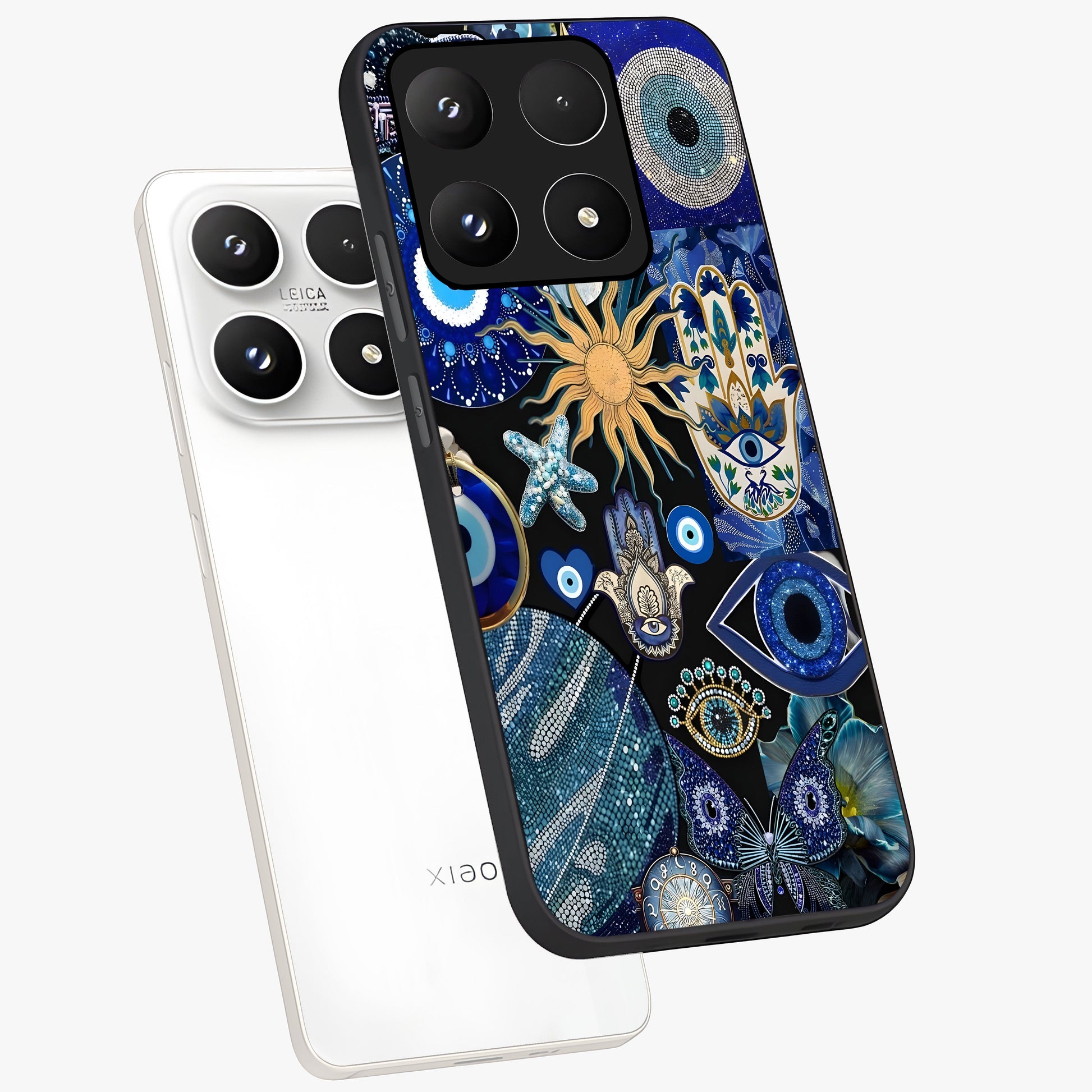 Evil Eye Charm Mix Glass Case displayed in angled mockup highlighting protective evil eye symbols with spiritual aesthetic design.