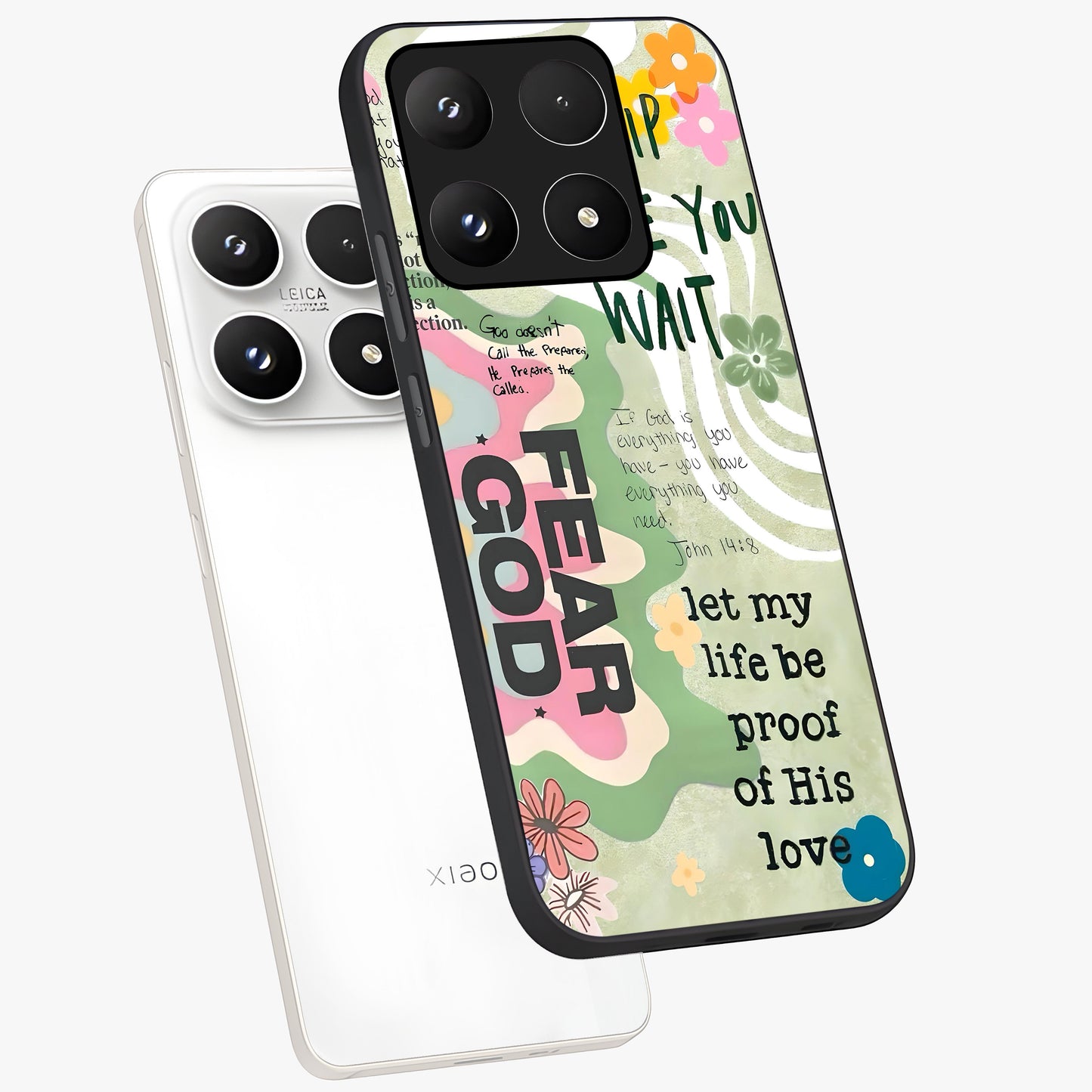 Faith Over Fear Glass Case displayed in angled mockup highlighting inspirational message design with modern aesthetic style.