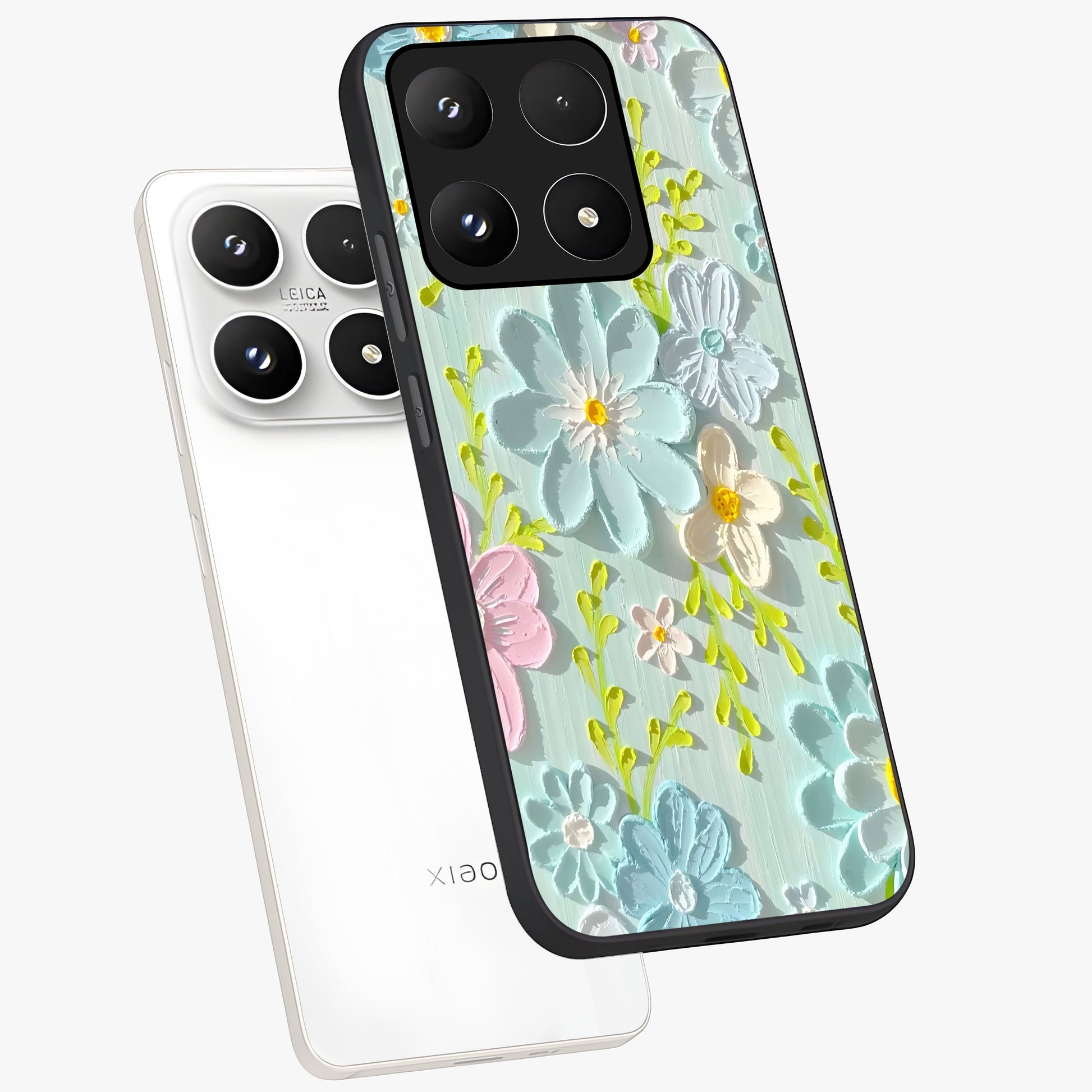 Frosted Petal Garden Glass Case displayed in angled mockup highlighting delicate flower petal design with calm garden aesthetic.
