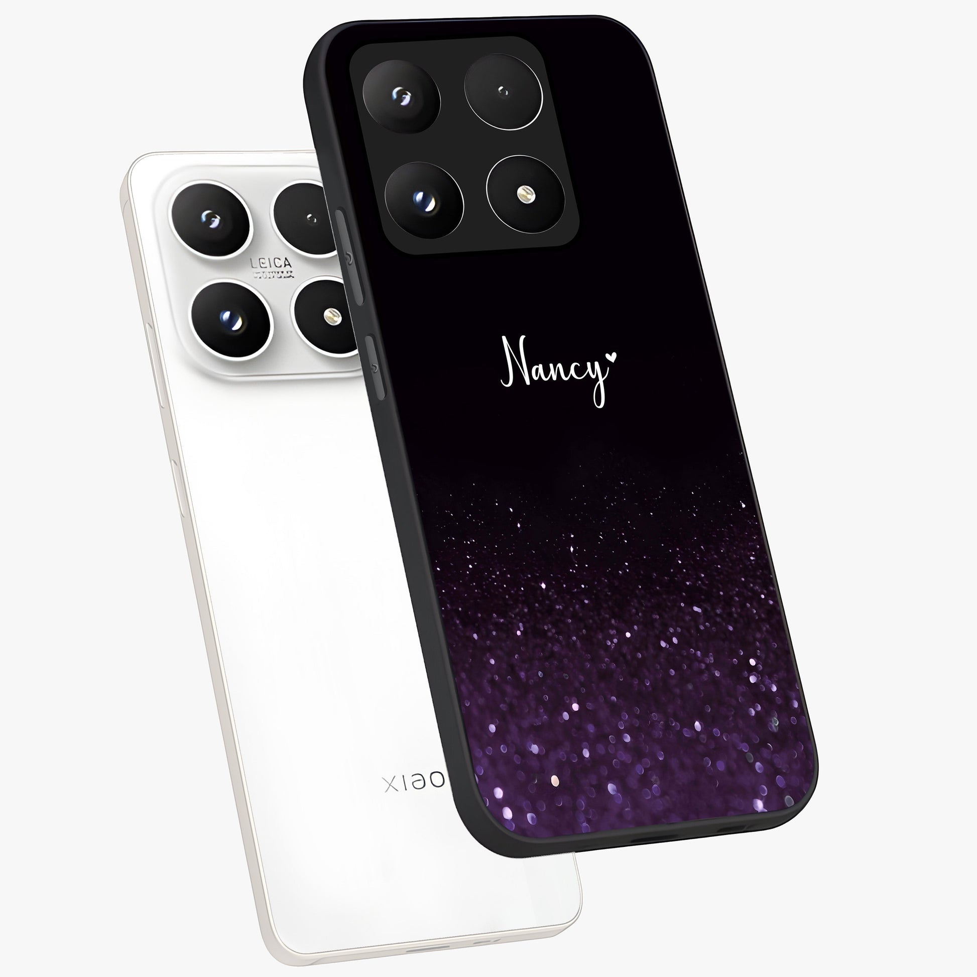 Glittery Purple Bokeh Custom Name Glass Case displayed in angled mockup highlighting glitter bokeh pattern with custom name feature.