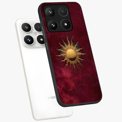 Golden Sun Minimalism Glass Case displayed in angled mockup highlighting clean sun symbol design with modern minimal aesthetic.