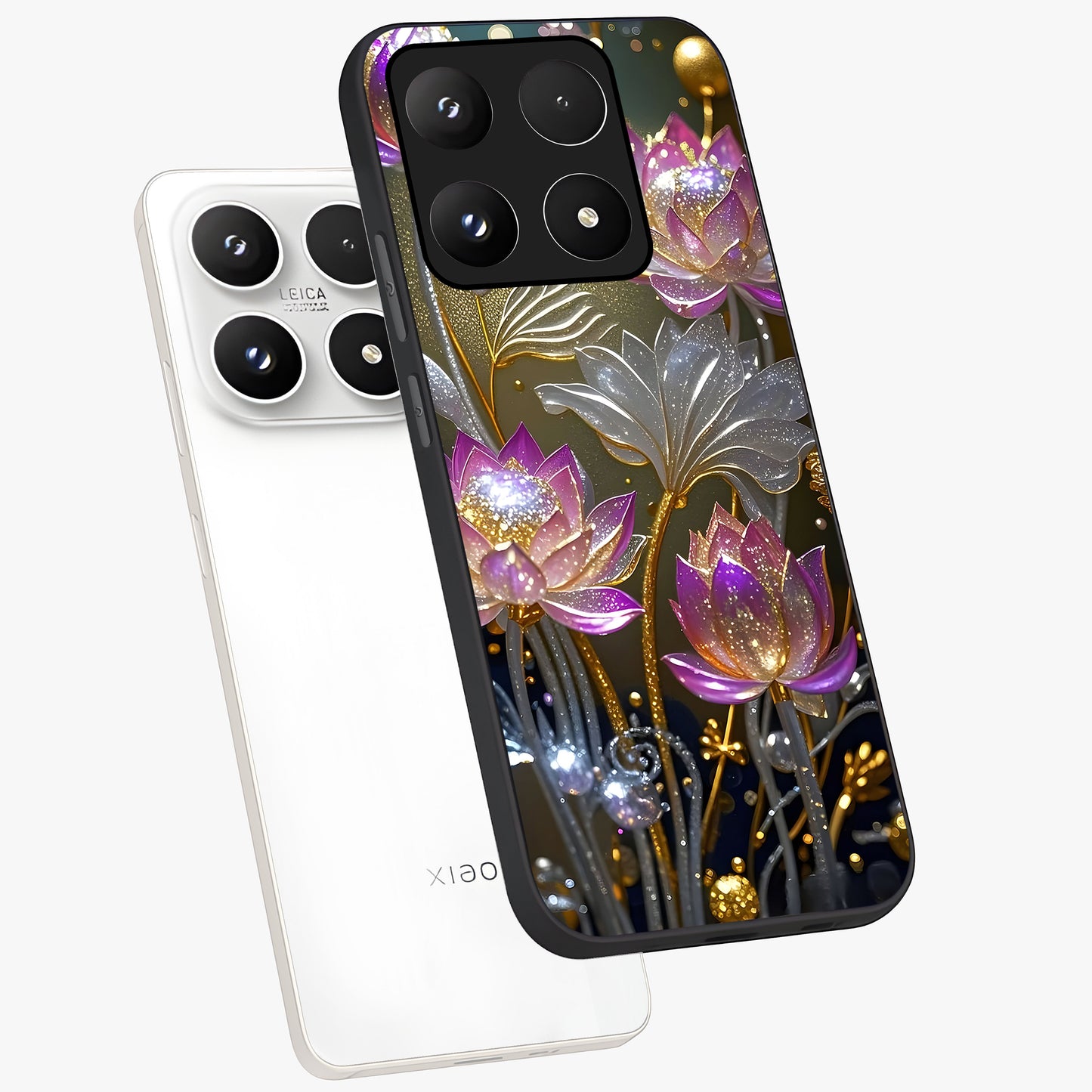 Golden Floral Majesty Glass Case displayed in angled mockup highlighting elegant flower design with royal golden aesthetic.