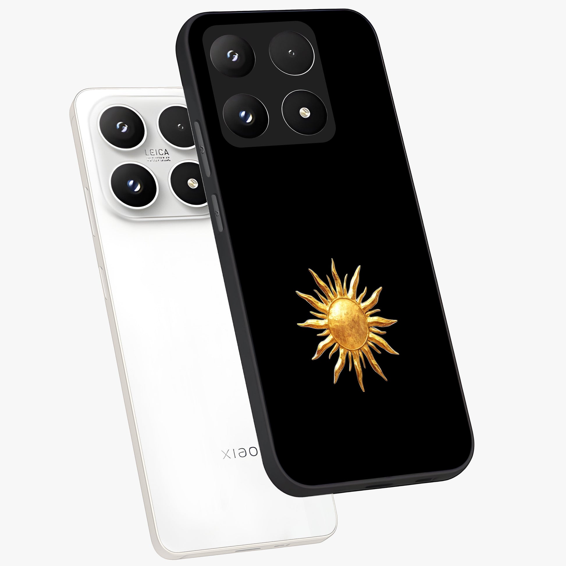 Golden Sun Minimalism Glass Case displayed in angled mockup highlighting eerie shadow illustration with gothic aesthetic.