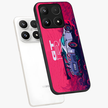 GT-R Car Pattern Glass Case displayed in angled mockup highlighting racing car graphic design with bold automotive aesthetic.