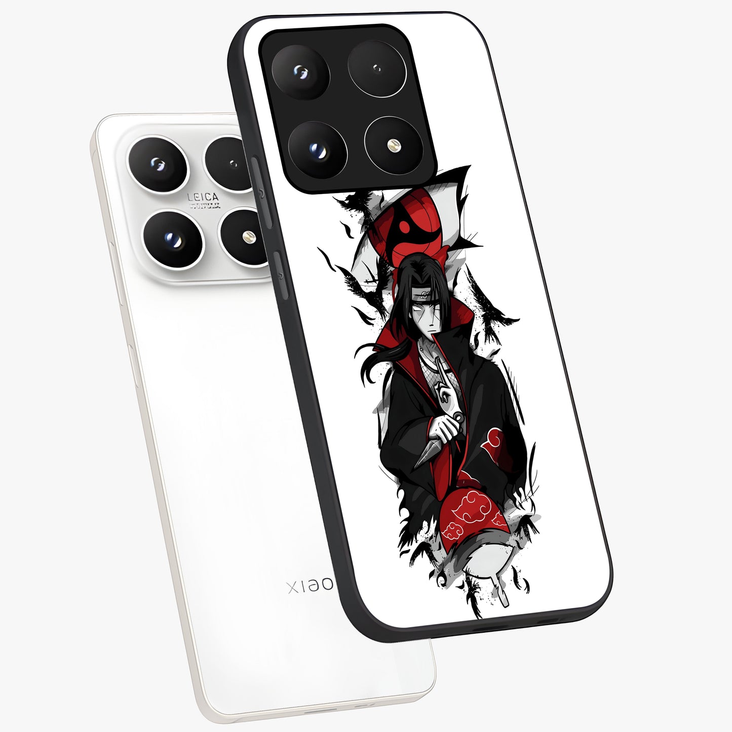 Itachi Limited Edition Naruto Anime Glass Case displayed in angled mockup highlighting dramatic anime illustration with bold action aesthetic.
