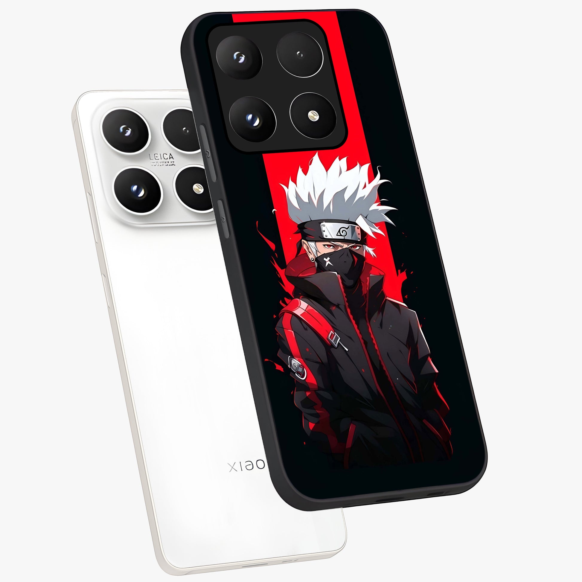 Kakashi Scarlet Shadow Glass Case displayed in angled mockup highlighting dramatic ninja illustration with scarlet themed aesthetic.