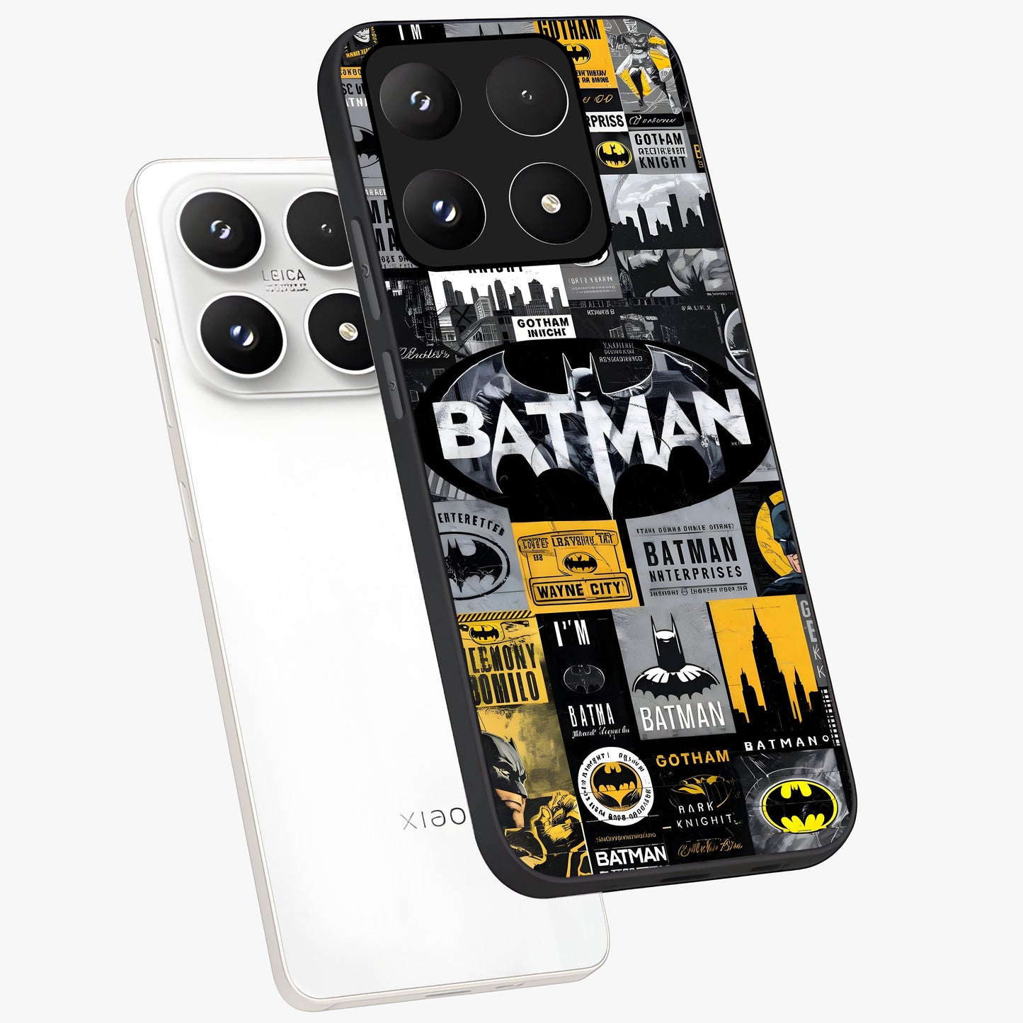Knight Gotham Rise Glass Case displayed in angled mockup highlighting powerful knight silhouette design with dramatic aesthetic.