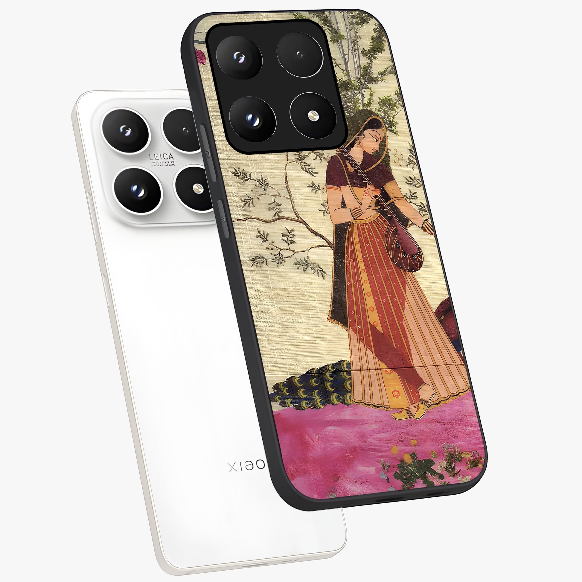 Lady With Veena Art Glass Case displayed in angled mockup highlighting graceful musical illustration with cultural artistic aesthetic.