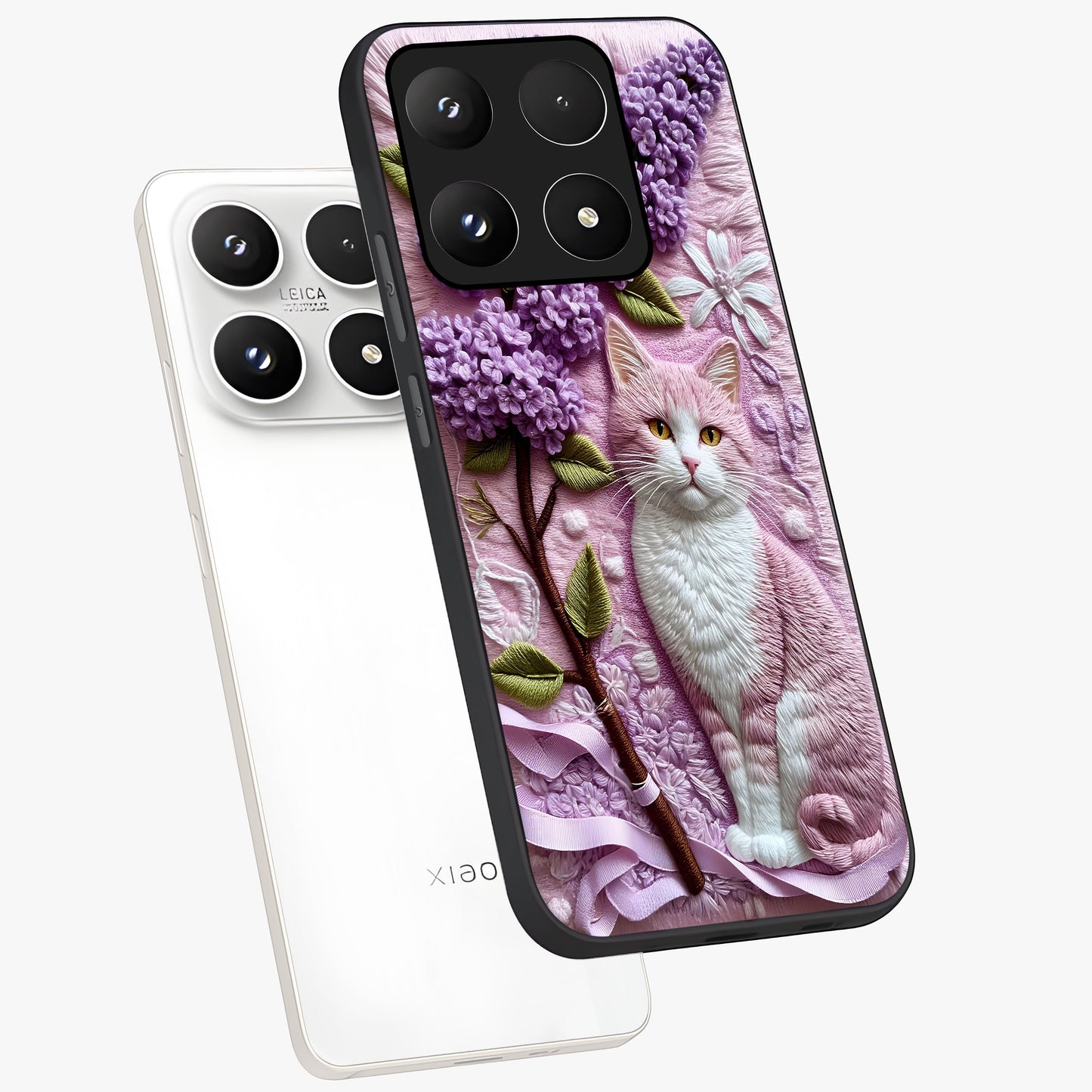 Lavender Cat Whimsy Glass Case displayed in angled mockup highlighting playful feline illustration with pastel lavender aesthetic.