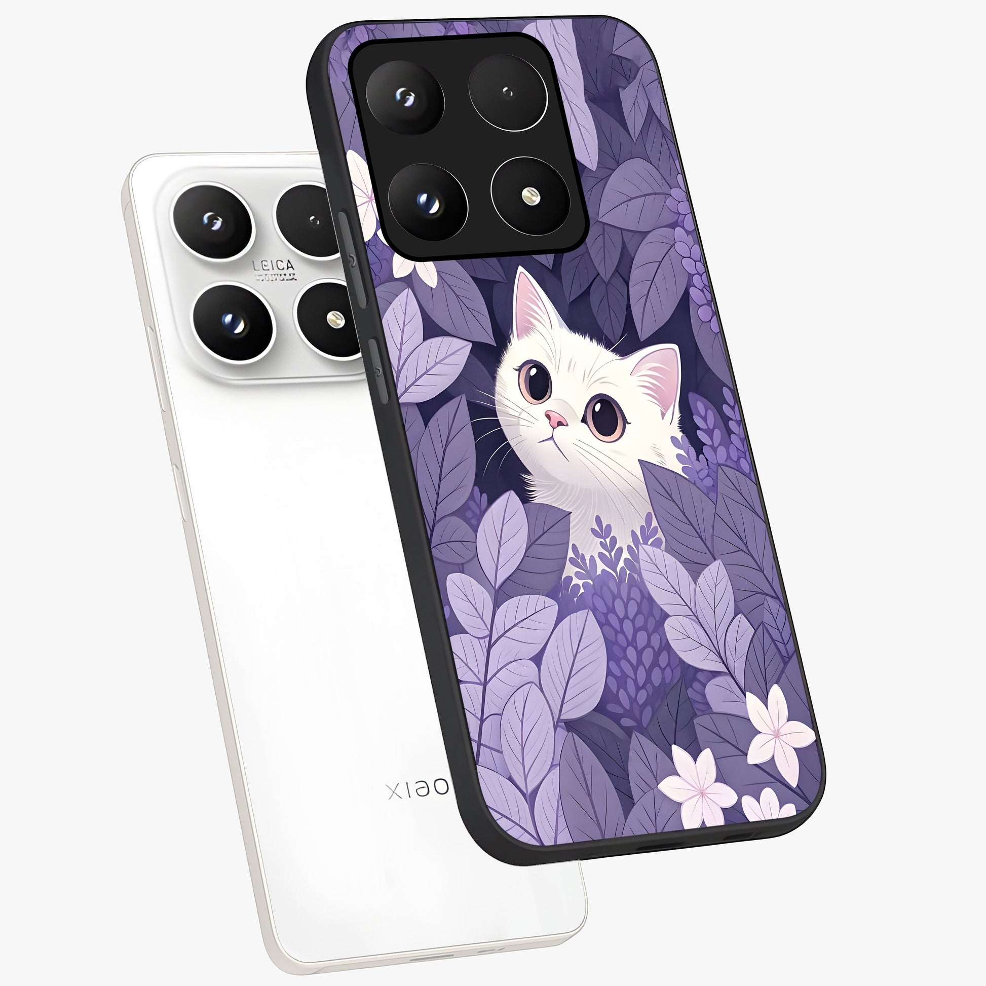 Lilac Hide Peek Cat Glass Case displayed in angled mockup highlighting playful feline illustration with lilac aesthetic design.