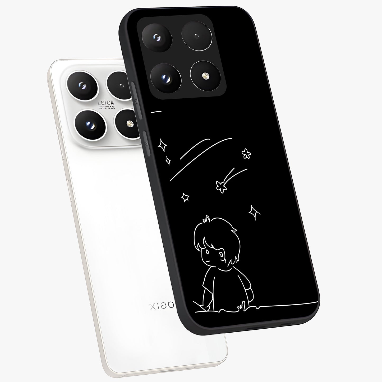 Line Art Boy With Shooting Stars Glass Case displayed in angled mockup highlighting elegant line art design with dreamy star aesthetic.